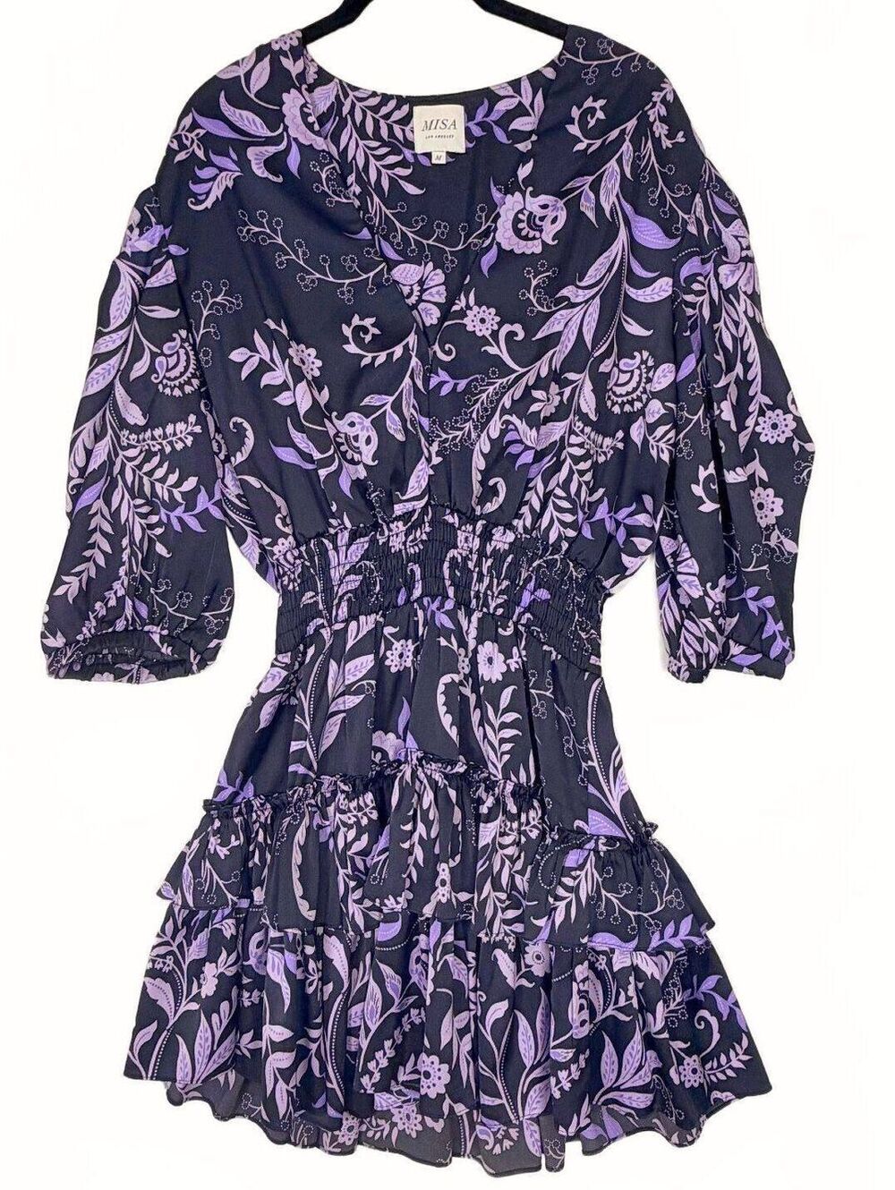 MISA Los Angeles Lilah Dark Purple Floral Smocked Waist Tiered Mini Dress Sz Med